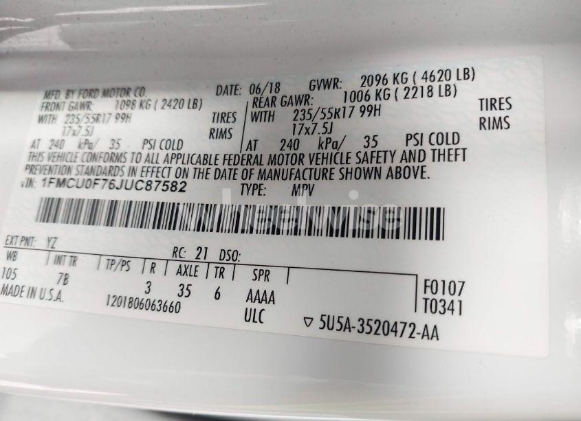 Photo 9 of 2018 Ford Escape S (VIN 1FMCU0F76JUC87582)