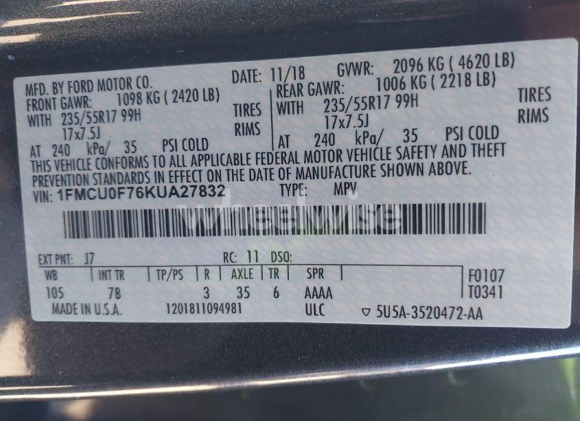 Photo 9 of 2019 Ford Escape S (VIN 1FMCU0F76KUA27832)