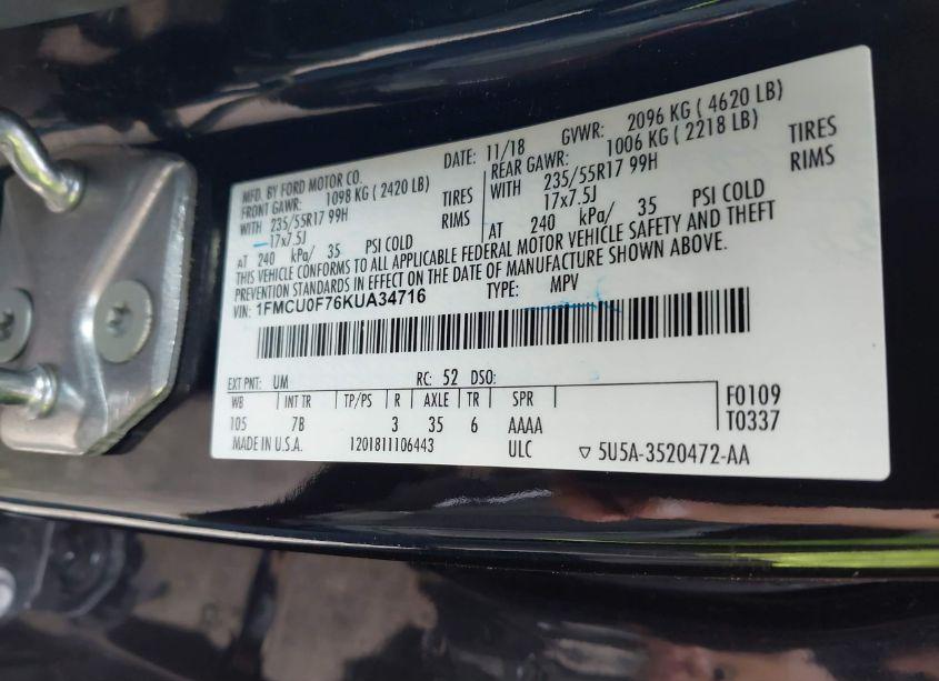 Photo 9 of 2019 Ford Escape S (VIN 1FMCU0F76KUA34716)