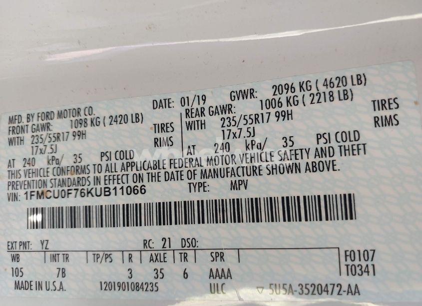 Photo 9 of 2019 Ford Escape S (VIN 1FMCU0F76KUB11066)