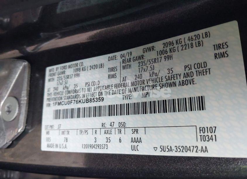 Photo 9 of 2019 Ford Escape S (VIN 1FMCU0F76KUB85359)