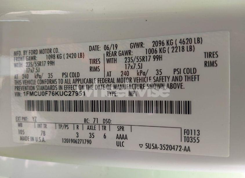 Photo 9 of 2019 Ford Escape S (VIN 1FMCU0F76KUC27951)