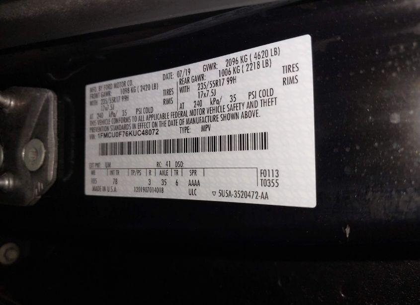 Photo 9 of 2019 Ford Escape S (VIN 1FMCU0F76KUC48072)