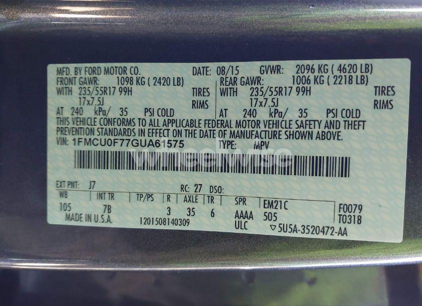 Photo 9 of 2016 Ford Escape S (VIN 1FMCU0F77GUA61575)