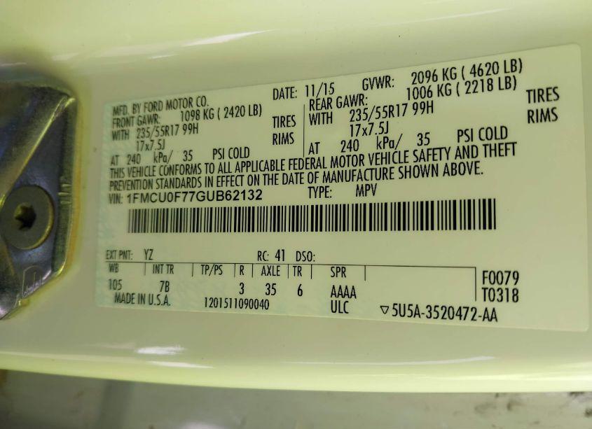 Photo 9 of 2016 Ford Escape S (VIN 1FMCU0F77GUB62132)