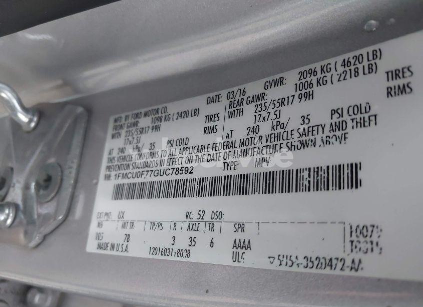 Photo 9 of 2016 Ford Escape S (VIN 1FMCU0F77GUC78592)