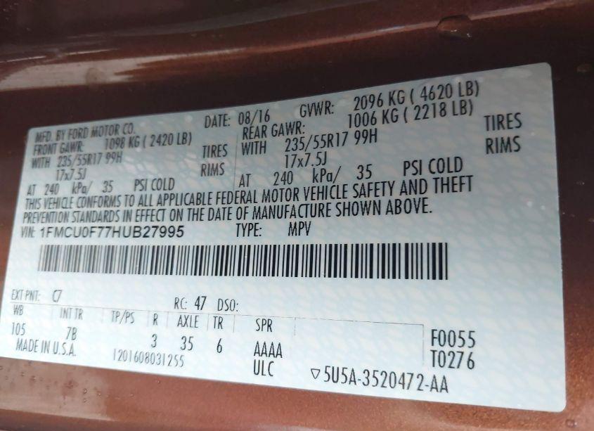 Photo 9 of 2017 Ford Escape S (VIN 1FMCU0F77HUB27995)