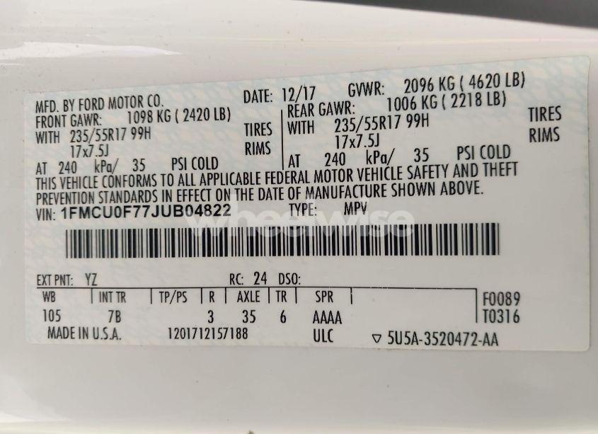 Photo 9 of 2018 Ford Escape S (VIN 1FMCU0F77JUB04822)