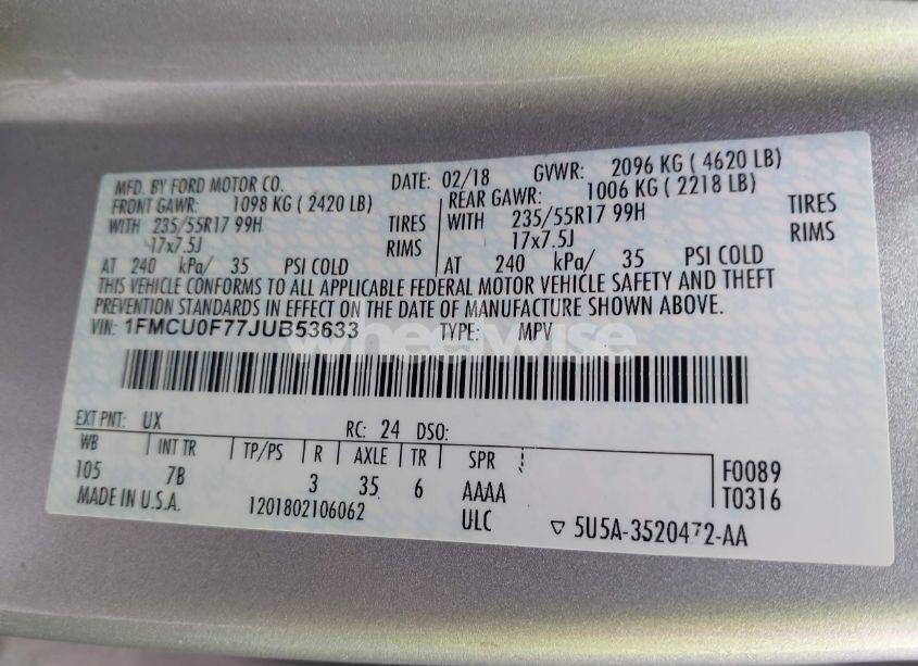 Photo 9 of 2018 Ford Escape S (VIN 1FMCU0F77JUB53633)