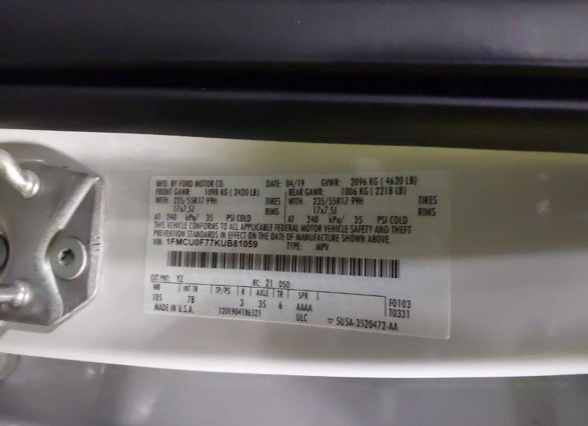 Photo 9 of 2019 Ford Escape S (VIN 1FMCU0F77KUB81059)