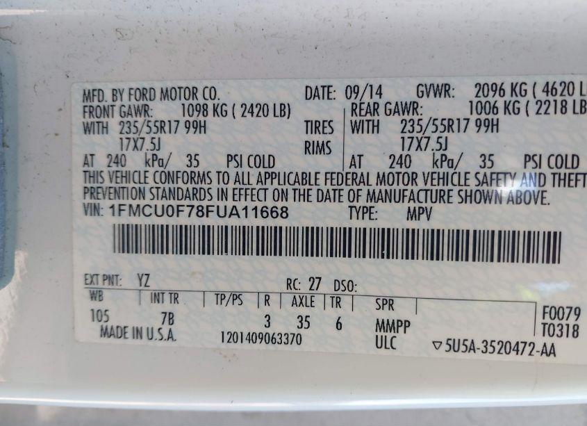 Photo 9 of 2015 Ford Escape S (VIN 1FMCU0F78FUA11668)