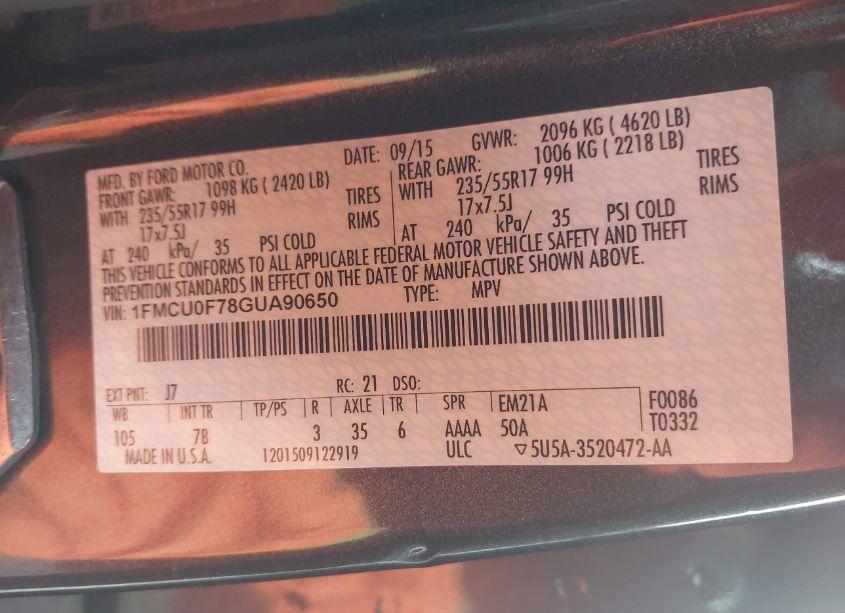 Photo 9 of 2016 Ford Escape S (VIN 1FMCU0F78GUA90650)