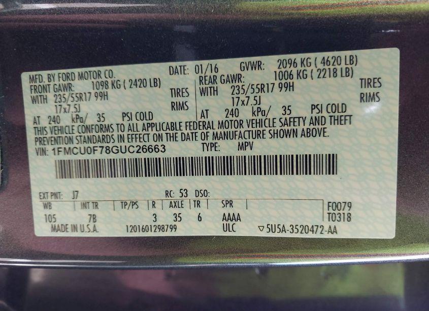 Photo 9 of 2016 Ford Escape S (VIN 1FMCU0F78GUC26663)