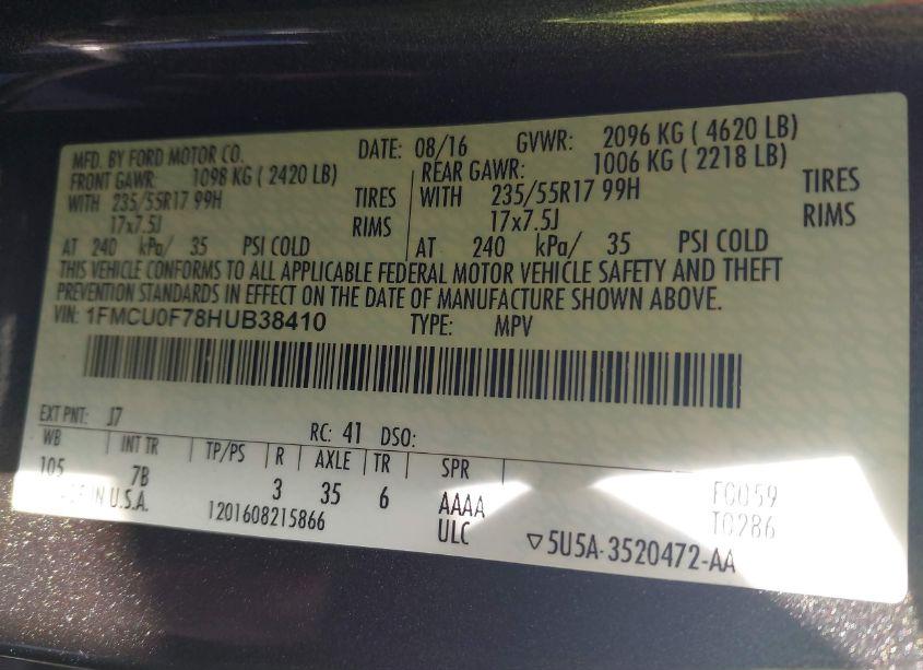 Photo 9 of 2017 Ford Escape S (VIN 1FMCU0F78HUB38410)