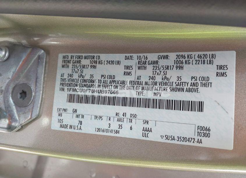 Photo 9 of 2017 Ford Escape S (VIN 1FMCU0F78HUB97666)