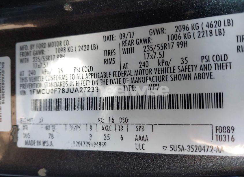 Photo 9 of 2018 Ford Escape S (VIN 1FMCU0F78JUA27233)