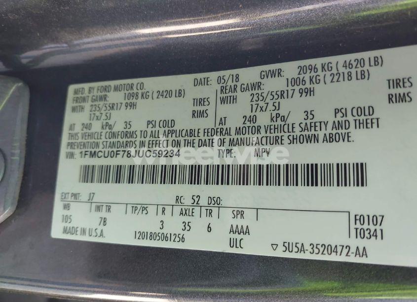 Photo 9 of 2018 Ford Escape S (VIN 1FMCU0F78JUC59234)