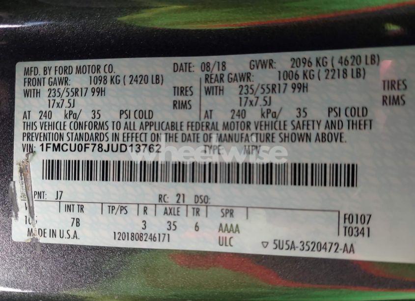 Photo 9 of 2018 Ford Escape S (VIN 1FMCU0F78JUD13762)