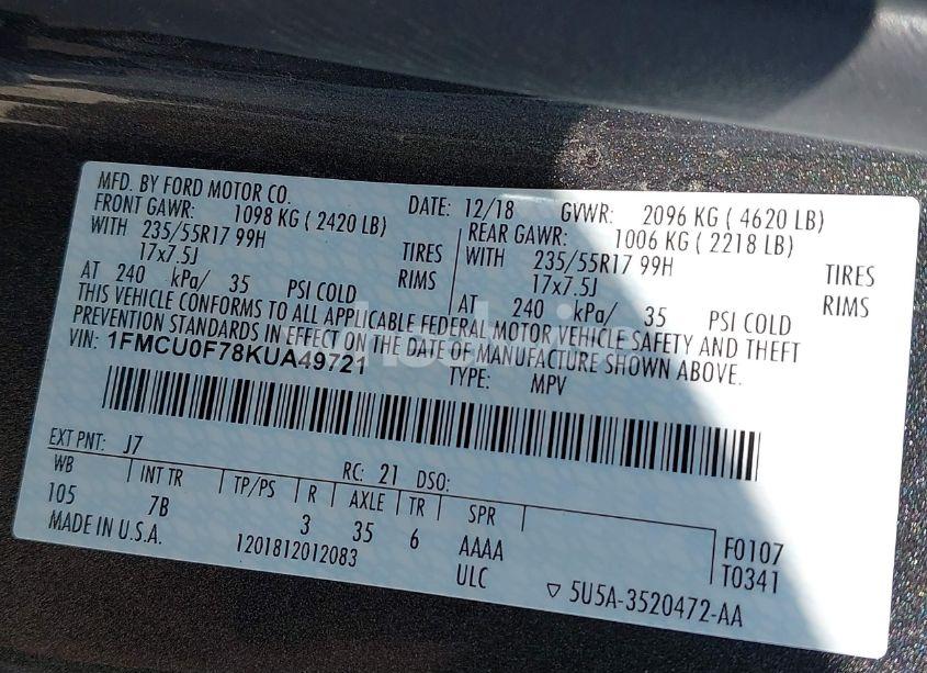 Photo 9 of 2019 Ford Escape S (VIN 1FMCU0F78KUA49721)