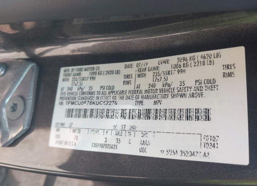 Photo 9 of 2019 Ford Escape S (VIN 1FMCU0F78KUC52270)