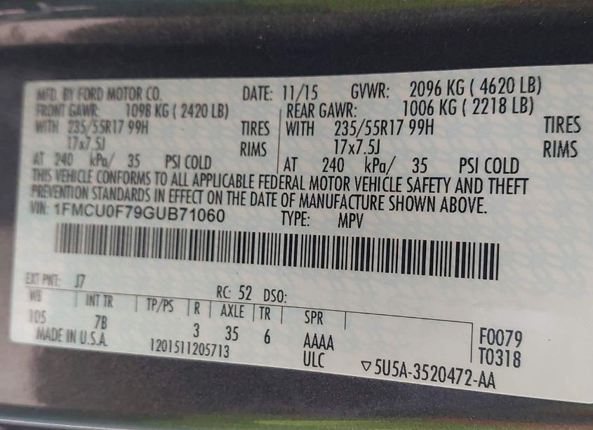 Photo 9 of 2016 Ford Escape S (VIN 1FMCU0F79GUB71060)