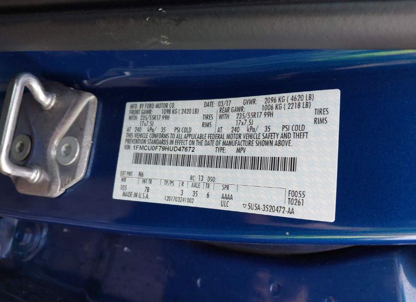 Photo 9 of 2017 Ford Escape S (VIN 1FMCU0F79HUD47672)