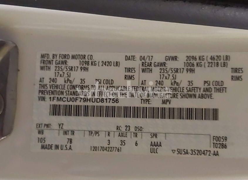 Photo 9 of 2017 Ford Escape S (VIN 1FMCU0F79HUD81756)