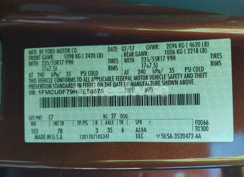 Photo 9 of 2017 Ford Escape S (VIN 1FMCU0F79HUE56875)