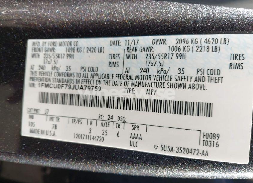 Photo 9 of 2018 Ford Escape S (VIN 1FMCU0F79JUA79759)