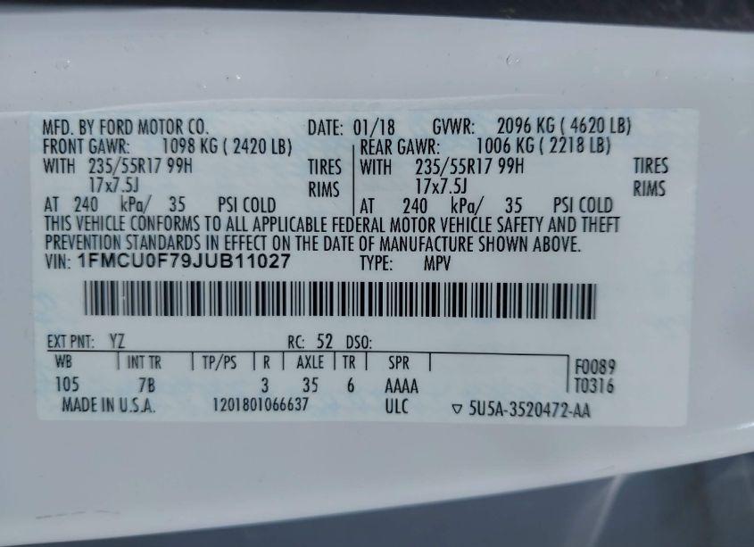 Photo 9 of 2018 Ford Escape S (VIN 1FMCU0F79JUB11027)