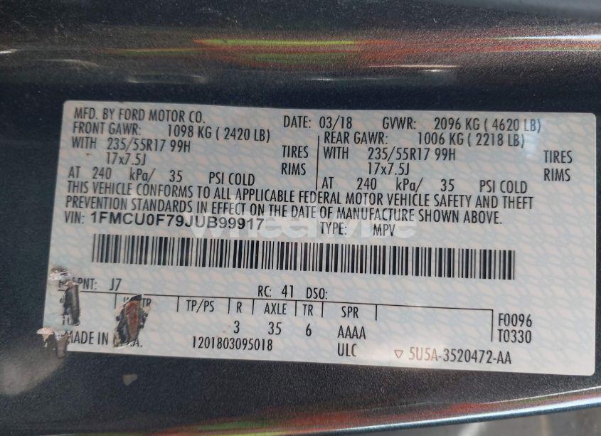 Photo 9 of 2018 Ford Escape S (VIN 1FMCU0F79JUB99917)