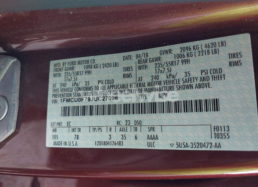 Photo 9 of 2018 Ford Escape S (VIN 1FMCU0F79JUC27098)