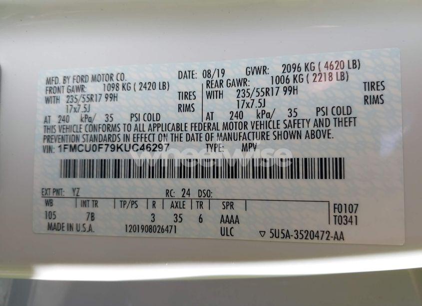 Photo 9 of 2019 Ford Escape S (VIN 1FMCU0F79KUC46297)