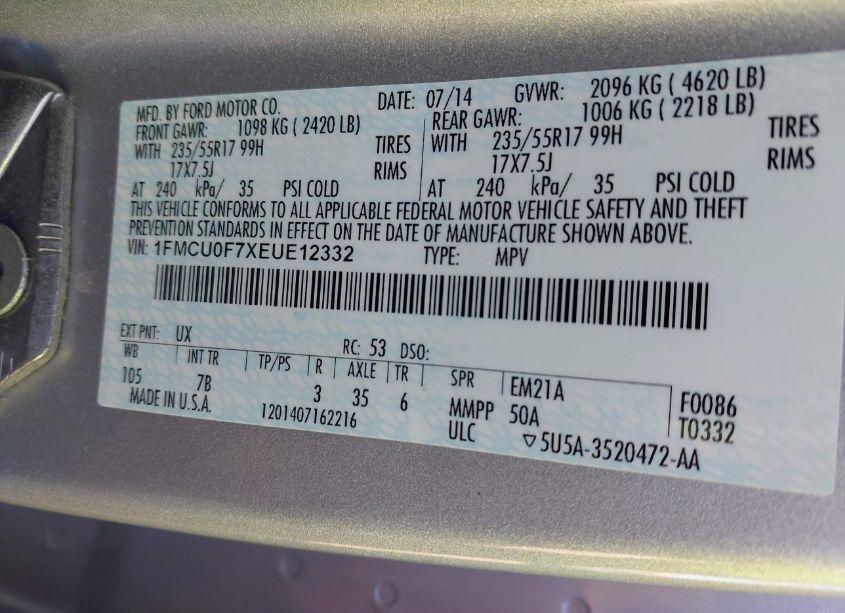 Photo 9 of 2014 Ford Escape S (VIN 1FMCU0F7XEUE12332)