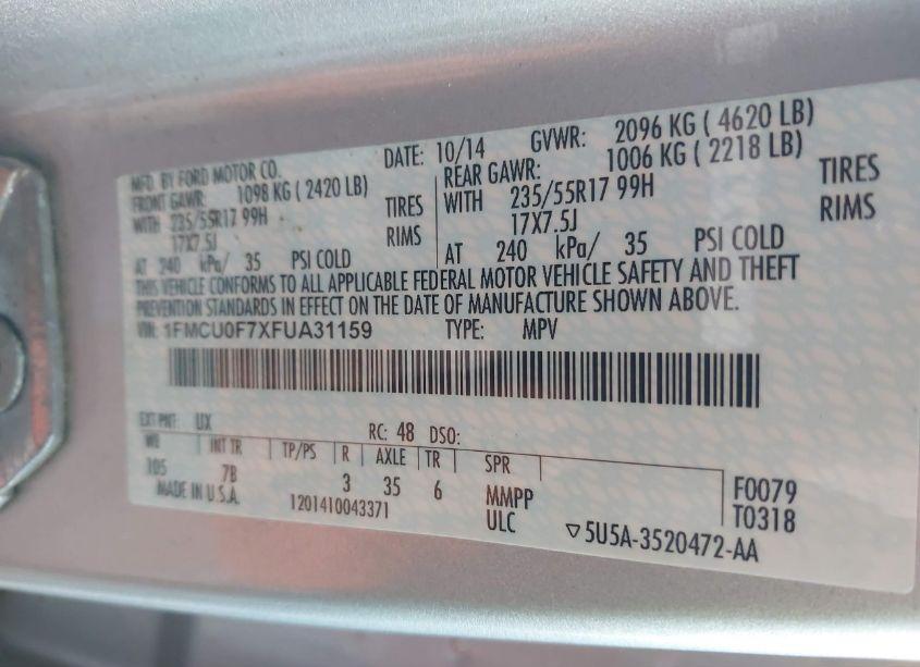 Photo 9 of 2015 Ford Escape S (VIN 1FMCU0F7XFUA31159)