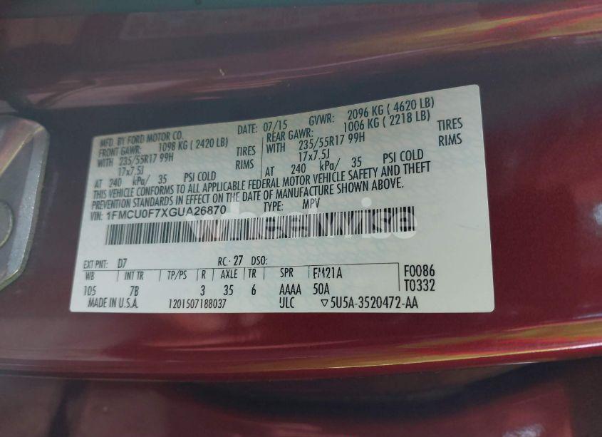 Photo 9 of 2016 Ford Escape S (VIN 1FMCU0F7XGUA26870)