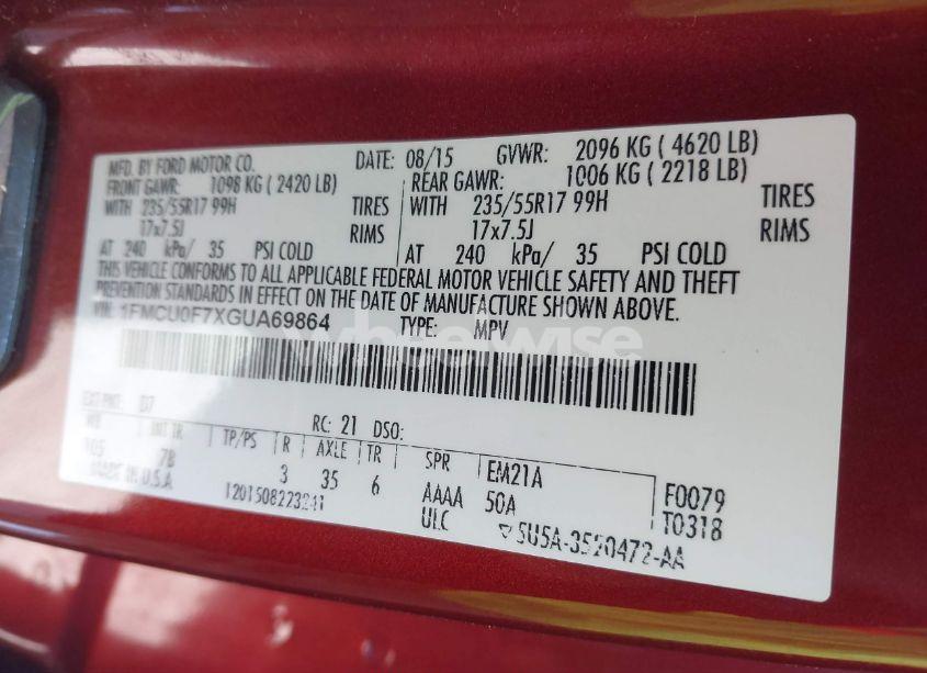 Photo 9 of 2016 Ford Escape S (VIN 1FMCU0F7XGUA69864)