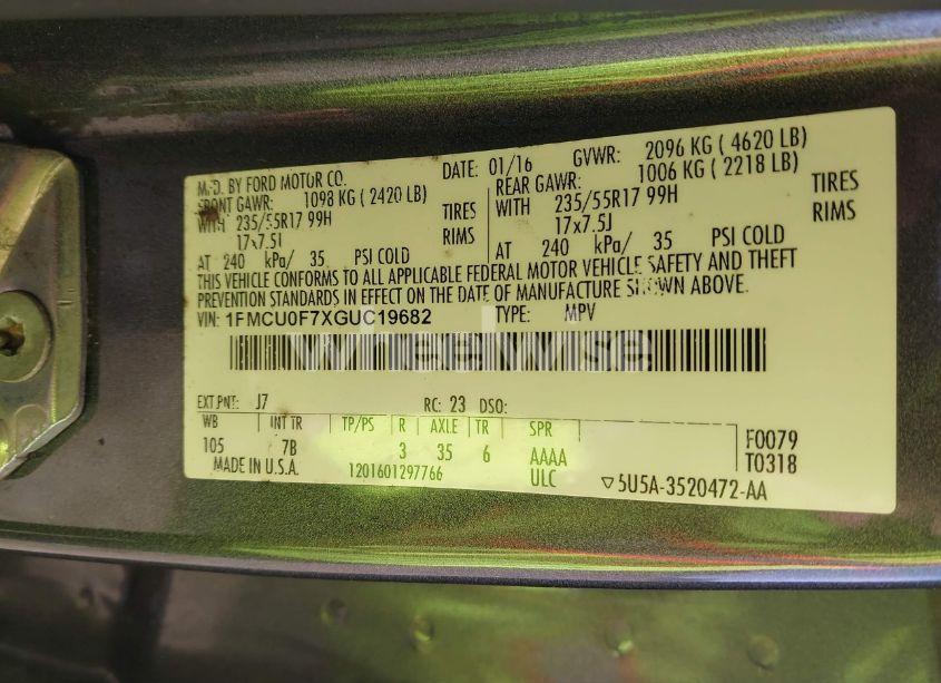 Photo 9 of 2016 Ford Escape S (VIN 1FMCU0F7XGUC19682)