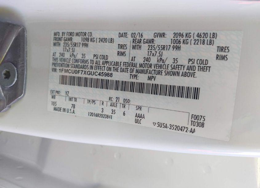 Photo 9 of 2016 Ford Escape S (VIN 1FMCU0F7XGUC45988)