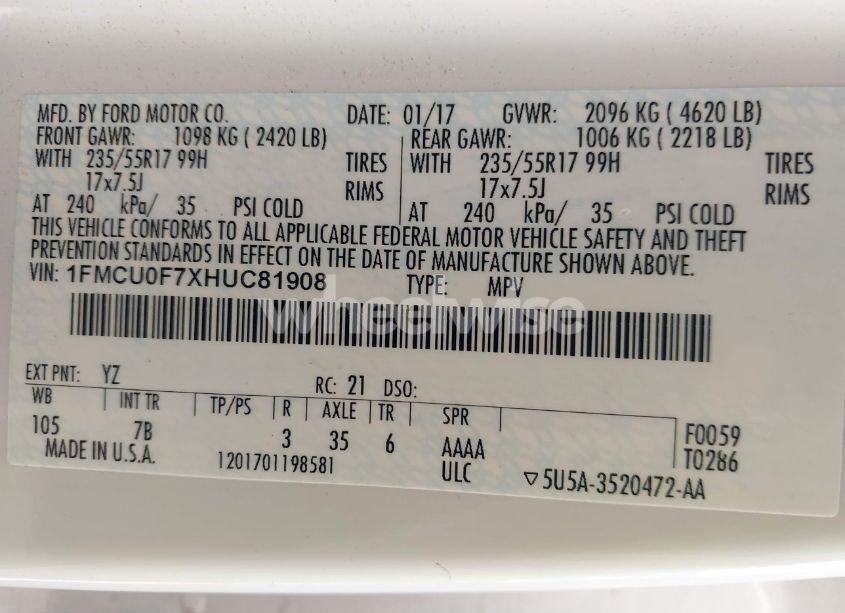 Photo 9 of 2017 Ford Escape S (VIN 1FMCU0F7XHUC81908)