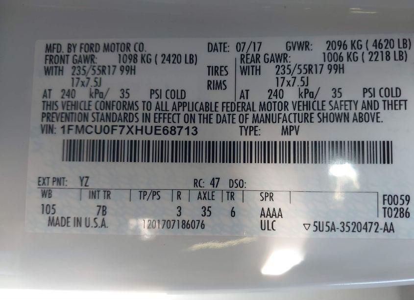 Photo 9 of 2017 Ford Escape S (VIN 1FMCU0F7XHUE68713)