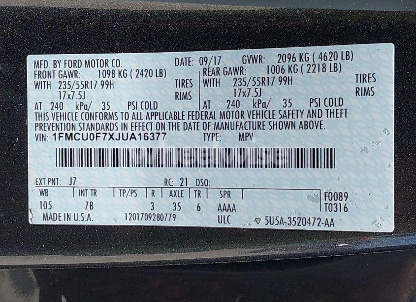 Photo 9 of 2018 Ford Escape S (VIN 1FMCU0F7XJUA16377)