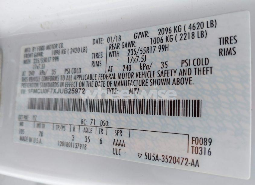 Photo 9 of 2018 Ford Escape S (VIN 1FMCU0F7XJUB25972)