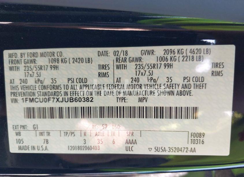 Photo 9 of 2018 Ford Escape S (VIN 1FMCU0F7XJUB60382)