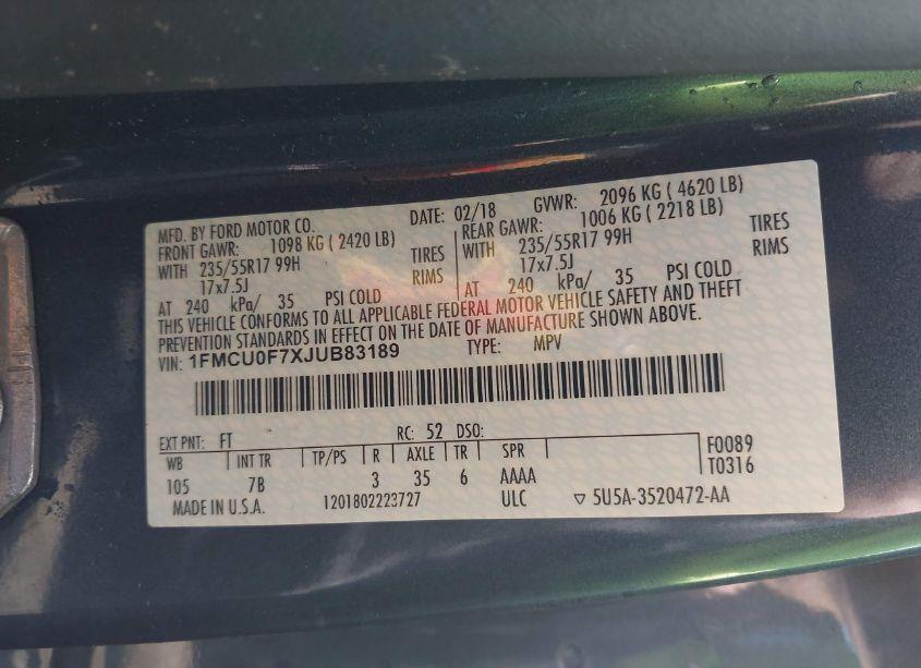 Photo 9 of 2018 Ford Escape S (VIN 1FMCU0F7XJUB83189)