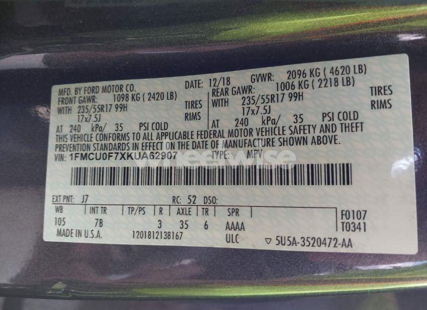 Photo 9 of 2019 Ford Escape S (VIN 1FMCU0F7XKUA62907)