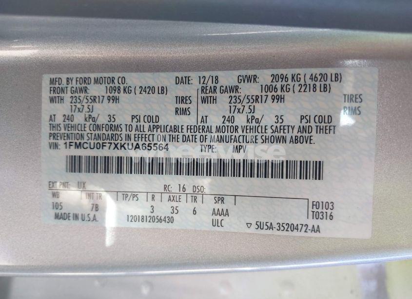 Photo 9 of 2019 Ford Escape S (VIN 1FMCU0F7XKUA65564)