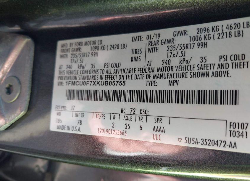 Photo 9 of 2019 Ford Escape S (VIN 1FMCU0F7XKUB05755)