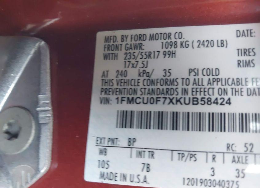 Photo 9 of 2019 Ford Escape S (VIN 1FMCU0F7XKUB58424)