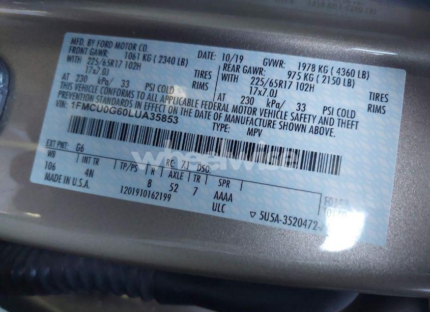 Photo 9 of 2020 Ford Escape SE (VIN 1FMCU0G60LUA35853)